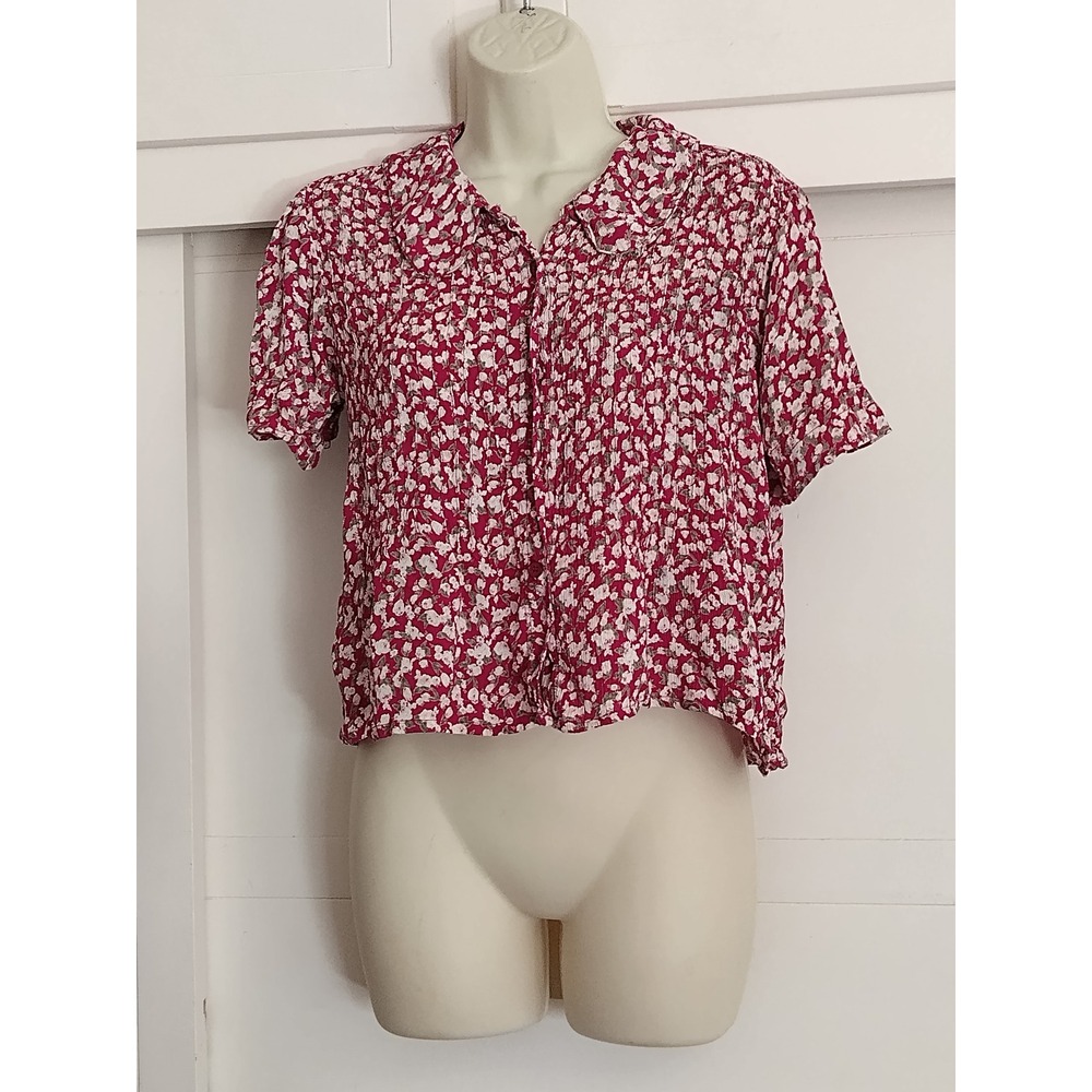 i am Women's Burgundy White Floral Short Sleeve Button Front Crinkle Top Size S